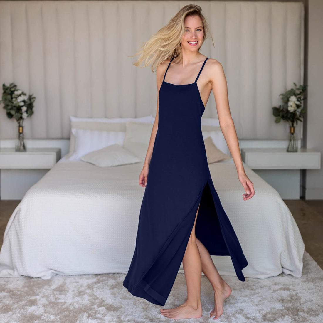 Kühlendes langes Slip Dress || Navy blue